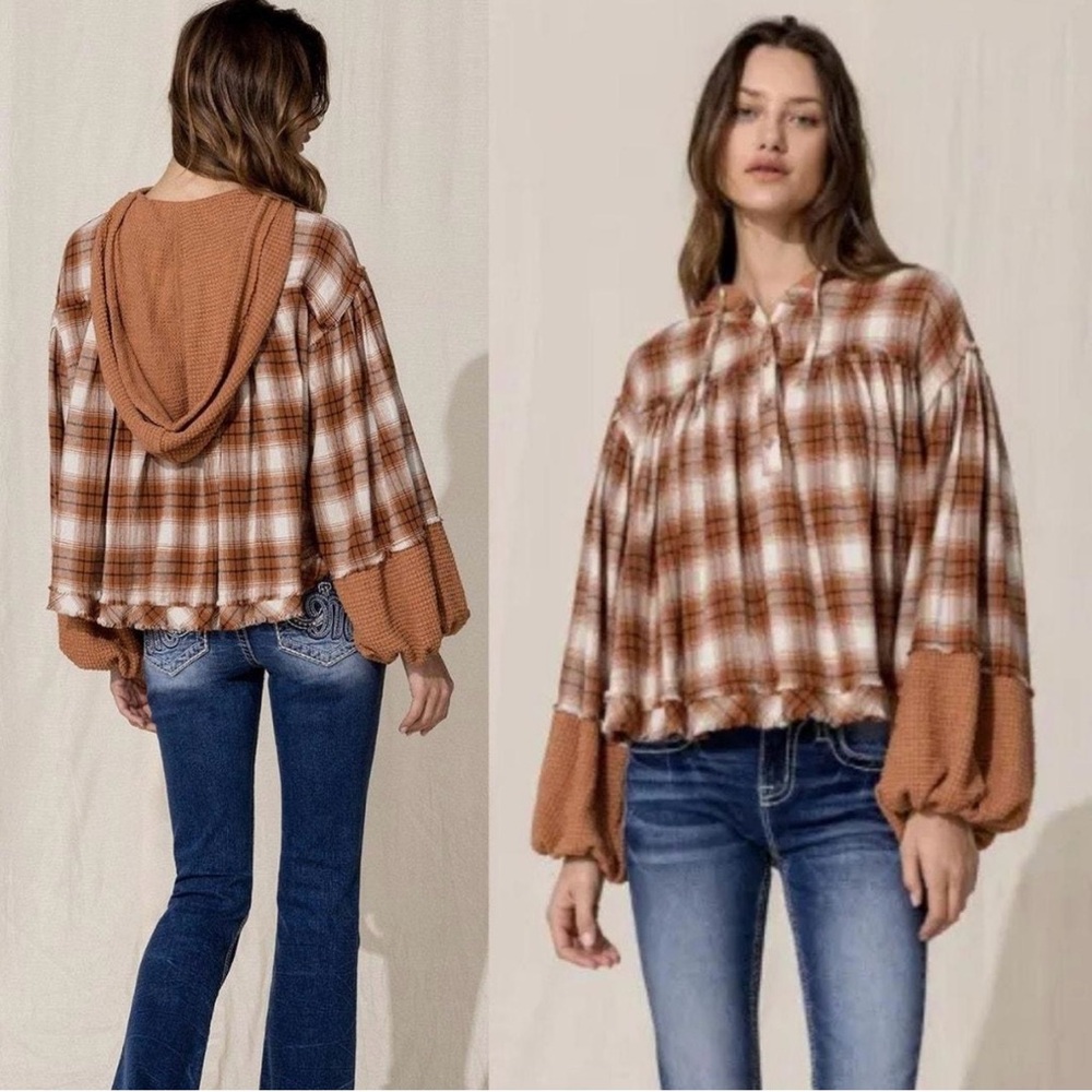 NWT MISS ME Multi Color Plaid  Women's Long Sleeve Thermal Hoodie / Top